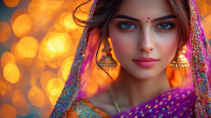 Fototapeta premium Portrait of beautiful woman wear national suit in Dawali festival.