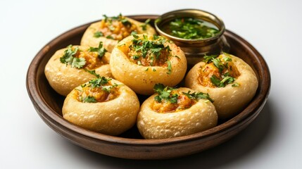 A beautifully arranged plate of pani puri with a few puris filled with spicy water and garnished with fresh herbs, set against a clean white background,