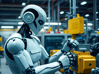 Robot humanoid working in modern factory production line. 