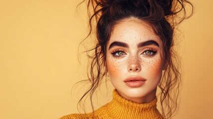 A woman with brown hair and green eyes is wearing a yellow sweater