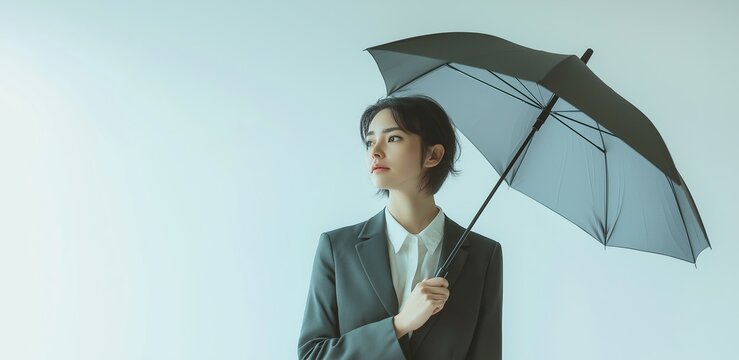 Businesswoman holding an open umbrella, looking away thoughtfully, wearing a suit, standing against a light background, copy space, selective focus
- Powered by Adobe