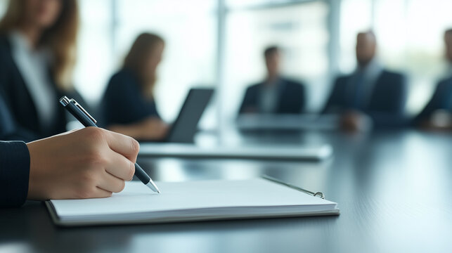 会議室でメモを取る手