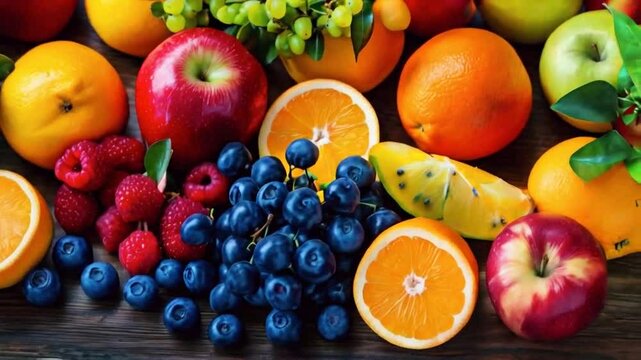 A vibrant assortment of fresh fruits arranged on a wooden surface.