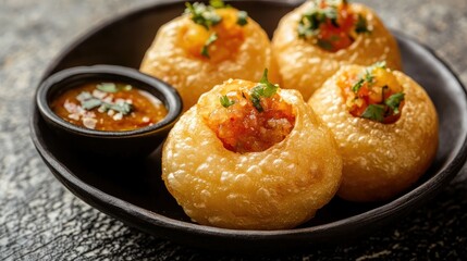 A close-up of a crispy pani puri on a textured surface, with a side of tangy chutney, leaving plenty of room around the dish for promotional messages or captions.