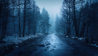 Obraz premium Mysterious dark forest road landscape with rain and snow