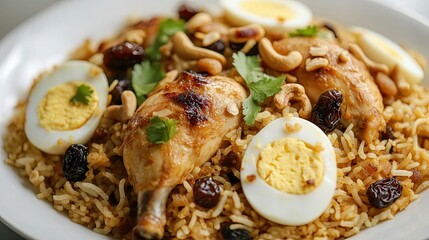A close-up overhead view of chicken pulao on a white plate, beautifully topped with fried onion, boiled eggs, crunchy nuts,