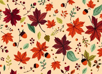 Fototapeta premium Autumn Leaves and Acorns Pattern - Fall Season Nature Illustration