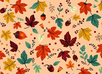 Autumn Leaves and Acorns Pattern - Fall Season Nature Illustration