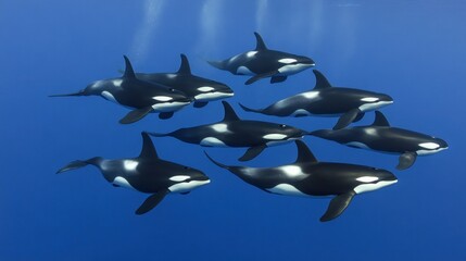 Obraz premium A group of orcas swimming together in a deep blue ocean.
