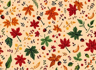 Fototapeta premium Autumn Leaves and Acorns Pattern - Fall Season Nature Illustration