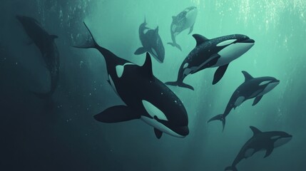 Obraz premium A serene underwater scene featuring a group of orcas swimming together.