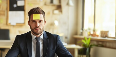 Fototapeta premium Frustrated businessman in a suit with a sticky note on his forehead, sitting in an office, looking tired, copy space, selective focus