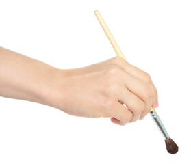 Woman hand holds paint brush, isolated on transparent background, painting and design concept