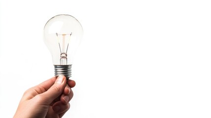 Artistic lightbulb held by a hand, on a pure white background, ample space for adding creative text or concepts