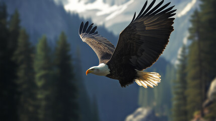 Majestic American bald eagle soaring high above the countryside