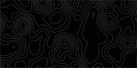 Abstract white on black background with Topographic line map pattern. abstract wavy and curved lines background. linear map. Dark seamless design. Bold tile able isolines pattern. Vector illustration.