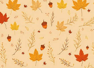 Fototapeta premium Autumn Leaves and Acorns Pattern - Fall Season Nature Illustration