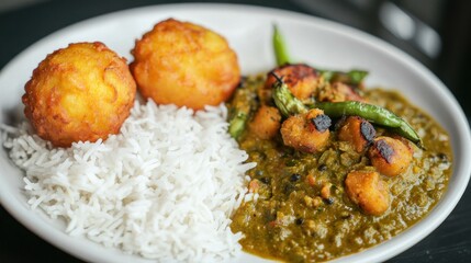 A plate featuring rice, green curry, and fried dumplings.