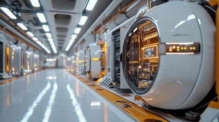 Fototapeta premium Futuristic corridor with glowing circuitry patterns and holographic effects, 3D illustration