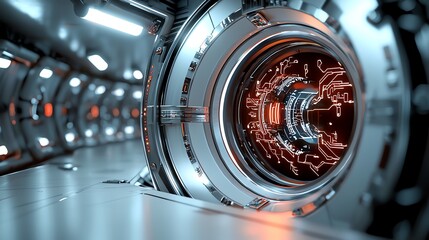 Obraz premium Futuristic tunnel with shifting neon circuits and luminous energy flows, 3D illustration