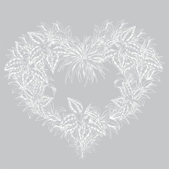 Heart-shaped floral illustration. Hand drawn tropical plants. Botanical illustration for St-Valentine's day cards.