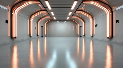 Obraz premium Holographic light corridor with glowing laser grids and bioluminescent effects, 3D illustration