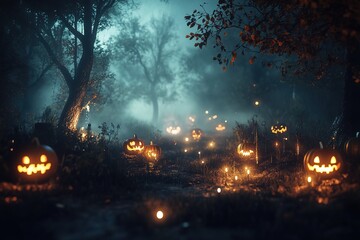 Scary beautiful halloween illustration. Background, poster, pumpkins, twilight forest, castle, bats. Mysterious and mystical
