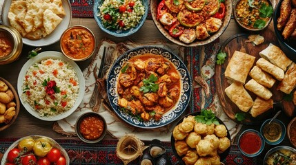 A dynamic top view of Arabic Iftar dishes such as chicken korma, pakoras, fish curry, and fried rolls, beautifully presented on a traditional