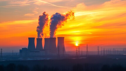 Nuclear power plants blowing off smoke with billowing from the towers going up against the vast skies, sustainable energy production concept, air pollution, environmental awareness