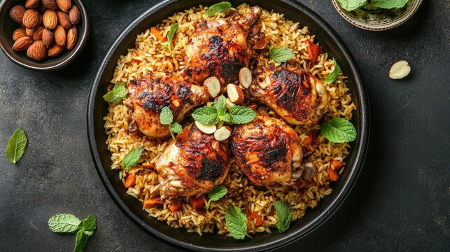 A dynamic top-down image of a plate of Chicken Mandi, with roasted chicken served on a bed of fragrant rice,