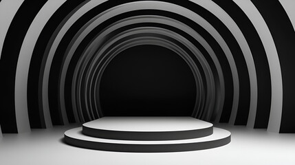 Obraz premium Black and white round tunnel podium abstract background. Stage with reflections on the glossy floor,Empty corridor of several round arches in perspective with black walls, white floor and shadows. 
