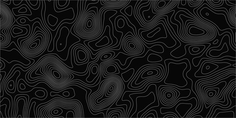  Abstract white on black background with Topographic line map pattern. abstract wavy and curved lines background. linear map. Dark seamless design. Bold tile able isolines pattern. Vector illustration