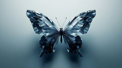 A low-poly 3D render of a blue butterfly on a gray background,  viewed from the front.
