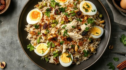A mouthwatering top-down view of a plate of chicken pulao with crispy fried onion, halved boiled eggs, nuts, and raisins,