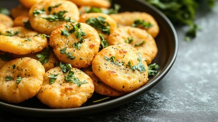 Fototapeta premium A plate of crispy pani puris garnished with fresh herbs, positioned on a simple background,