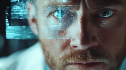 Close-up front view of a doctora??s concentrated face as they diagnose a patient using AI-driven holographic technology