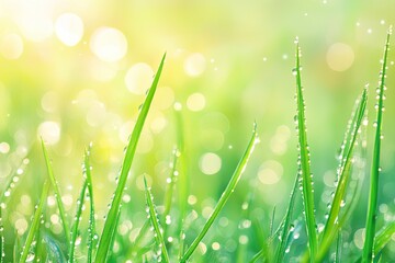 Fototapeta premium Vibrant grass blades glisten with dew under warm sunlight, creating a refreshing and serene nature background.