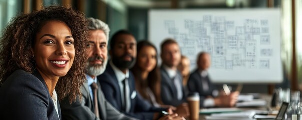 A diverse group of business professionals engaged in a meeting, showcasing teamwork and collaboration in a modern office.