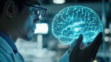 Close-up of a doctor examining a holographic model of a patienta??s brain, using AI to detect anomalies