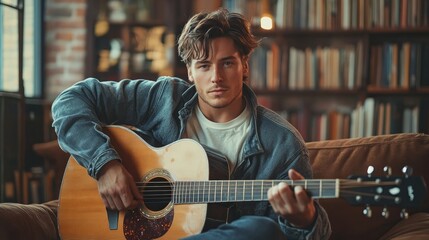 Obraz premium A young man sits on a couch holding a guitar, looking directly at the camera. He is dressed in a casual outfit and sitting in a living room with bookshelves in the background.