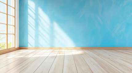 bright and airy empty room with blue wall and wooden floor, illuminated by sunlight streaming through large windows, creating serene atmosphere