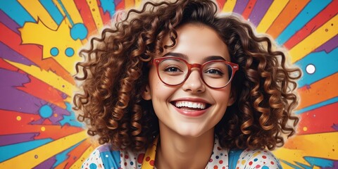 Smiling Woman with Curly Hair and Glasses in Colorful Pop Art Style