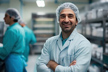 Man in sterile uniform with arms crossed, smiling at camera. Hair net, confident facial expression. Factory worker, manager, executive in cleanroom environment. Industrial production, food