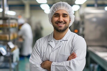 Man in sterile uniform stands with arms crossed, smiling at the camera. Hair net worn, indicating a food processing environment. Industrial setting with machinery in the background.