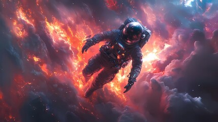 Fantasy astronaut floating in the fire cloud background