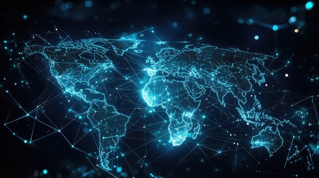 World map with glowing network lines and data nodes, showcasing a seamless global connection and digital interaction