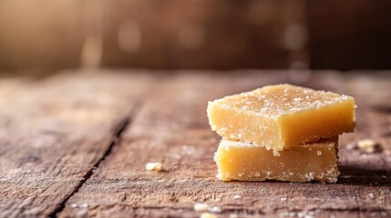 A single piece of kaju katli placed on a rustic wooden table, with a blurred background offering generous copy space for advertisements