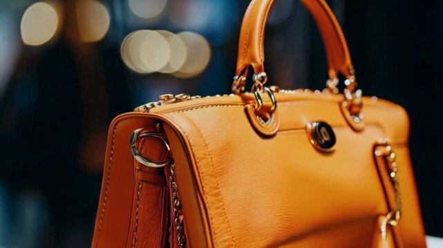 A close-up of a stylish orange handbag with a sleek design and elegant details.