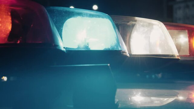 Panning shot of police car lights flashing at night. Police emergency lights on black background. Red, blue, yellow and orange police beacon lights in the dark.