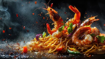 A stunning freeze-motion shot of vibrant Asian wok noodles soaring through the air, mixed with succulent prawns and colorful vegetables,